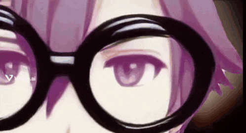 a close up of a person wearing glasses and purple hair .