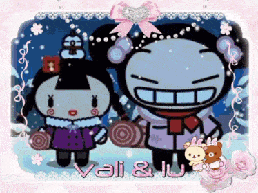 a couple of cartoon characters standing next to each other and the words vali & ju on the bottom