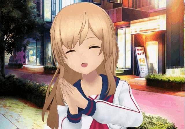 a girl with her eyes closed is standing in front of a building with a sign that says nail
