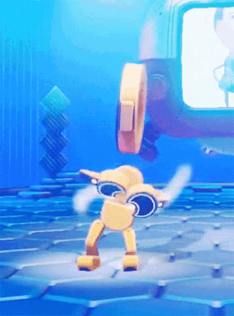 a cartoon character is dancing in front of a blue background