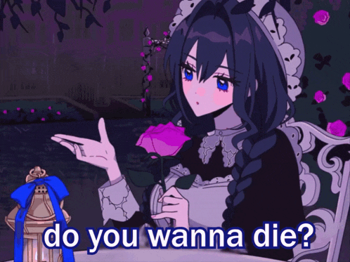 a girl with blue eyes is holding a knife with the words do you wanna die written below her