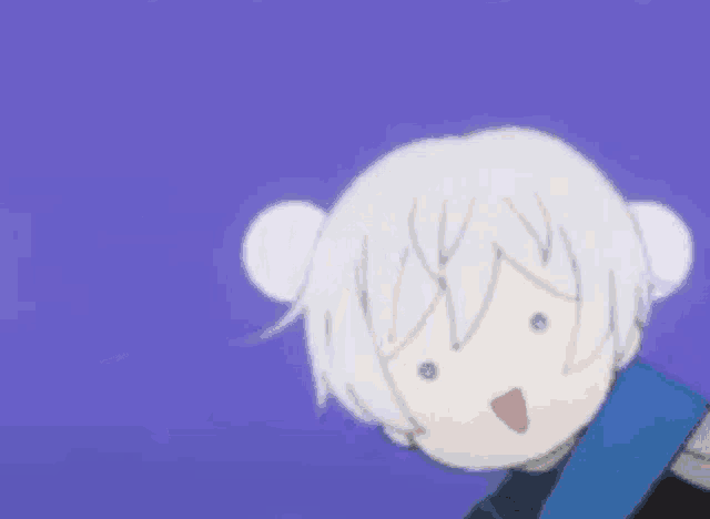 a cartoon character with white hair and a blue scarf is making a funny face .