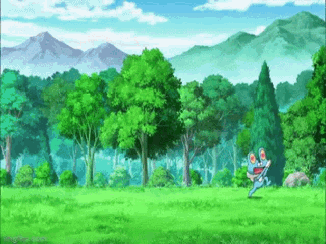 a frog is running through a grassy field in a forest