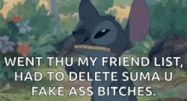stitch from disney 's lilo and stitch is making a funny face while talking about his friend list