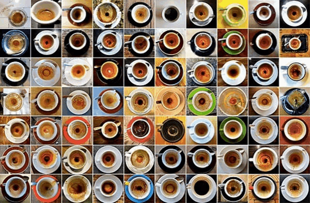 a collage of coffee cups and saucers showing different stages of use