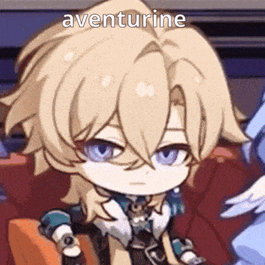 a cartoon character with blonde hair and blue eyes is sitting in a chair with the words aventurine written above him