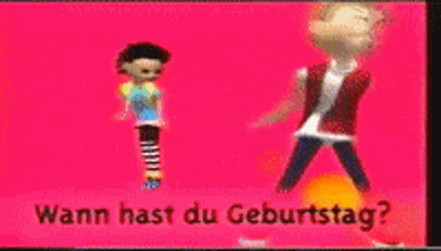 a cartoon character is standing next to another cartoon character with the words wann hast du geburtstag