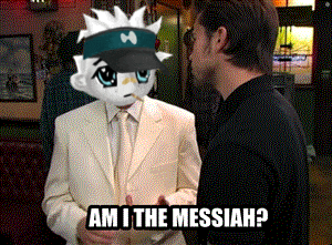a man in a white suit is talking to a cartoon character that says " am i the messiah "