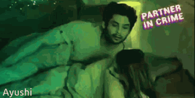 a man and a woman are laying on a bed with the words partner in crime on the bottom