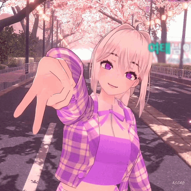 a girl in a plaid shirt is pointing at the camera