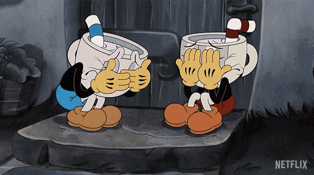 cuphead and mickey mouse covering their eyes in a netflix cartoon