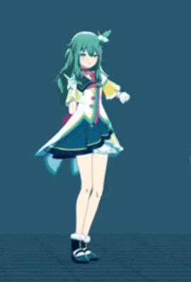 a girl with green hair is dancing in front of a blue background