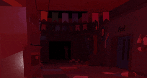 a red hallway with a sign that says pool