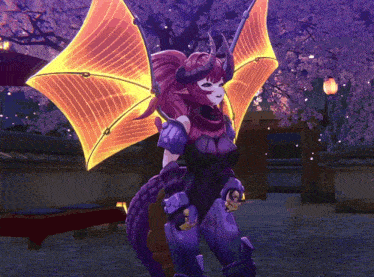 a woman in a dragon costume with purple horns