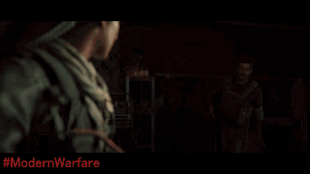 a video game advertisement for modern warfare shows a man holding a gun
