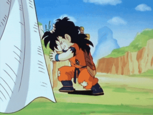 a cartoon character from dragon ball is kneeling down and hugging another character