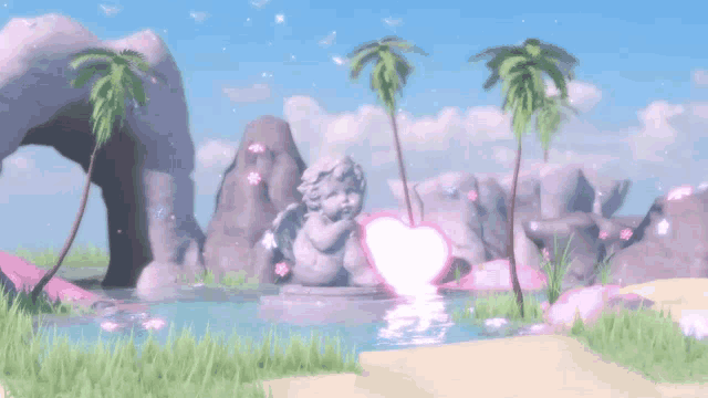 a statue of a cherub holding a pink heart in front of a waterfall