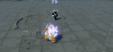 a person in a video game is standing in front of a purple explosion .