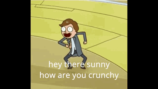 a cartoon character with the words hey there sunny how are you crunchy on the bottom