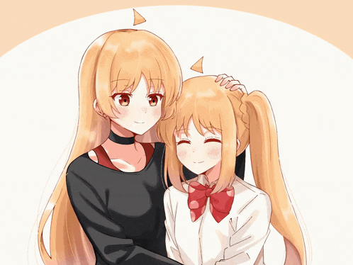 two anime girls are hugging each other with one wearing a choker