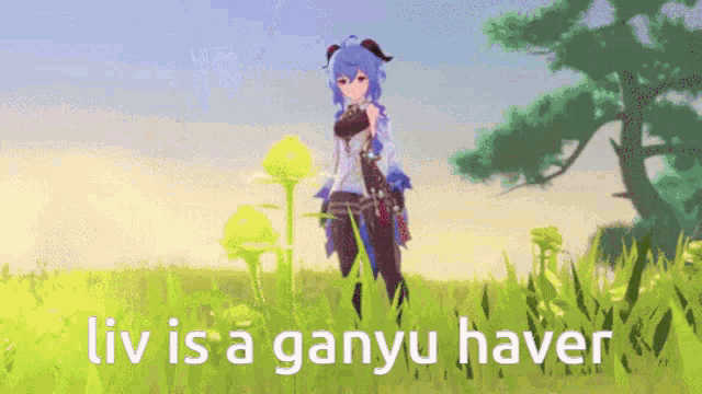 a cartoon of a girl standing in a field with the words liv is a ganyu haver