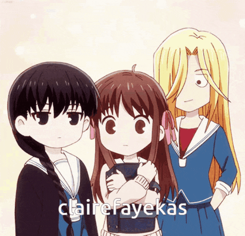 three anime girls standing next to each other with claire fayeka written on the bottom right