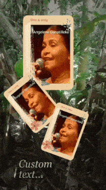 a picture of a woman singing into a microphone with the words " custom text " on the bottom