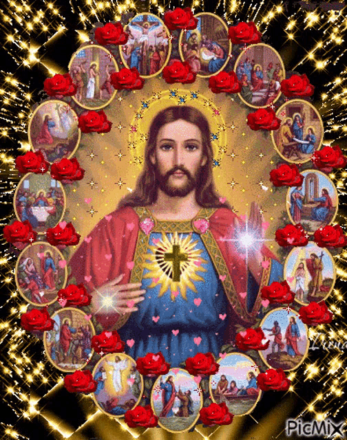 a picture of jesus surrounded by red roses and other religious images