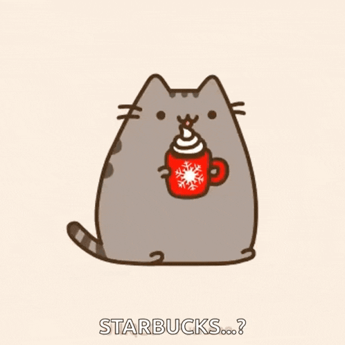 a cartoon cat is holding a cup of hot chocolate with whipped cream on top ..
