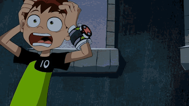 a cartoon character with a watch on his wrist has the number 10 on his shirt