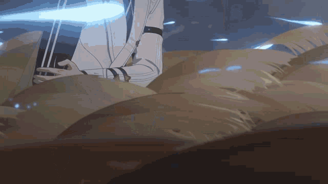 a man in a white suit is playing a violin with a blue light coming out of his hand