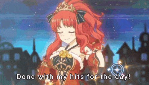 a cartoon of a girl with red hair and the words done with my hits for the day below her