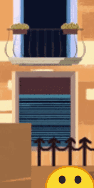 a cartoon drawing of a balcony with a yellow smiley face in front of it