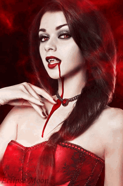 a woman with blood coming out of her mouth and the words eclipse moon on the bottom