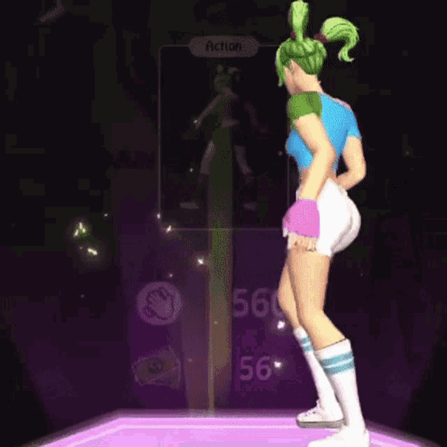 a girl with green hair is dancing in a video game with the number 56 on the screen