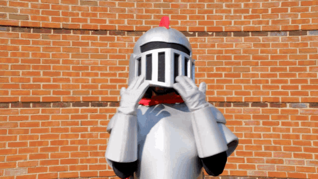 a man in a knight costume covering his ears with his hands