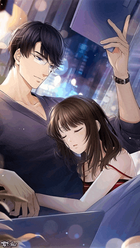 a man is holding a book while a woman sleeps on his lap