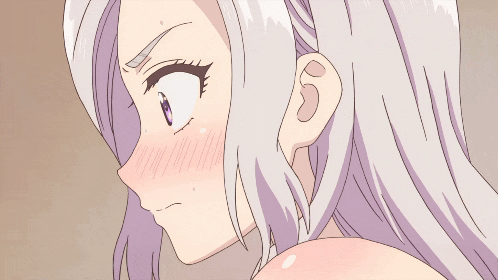 a cartoon girl with white hair and purple eyes looks surprised