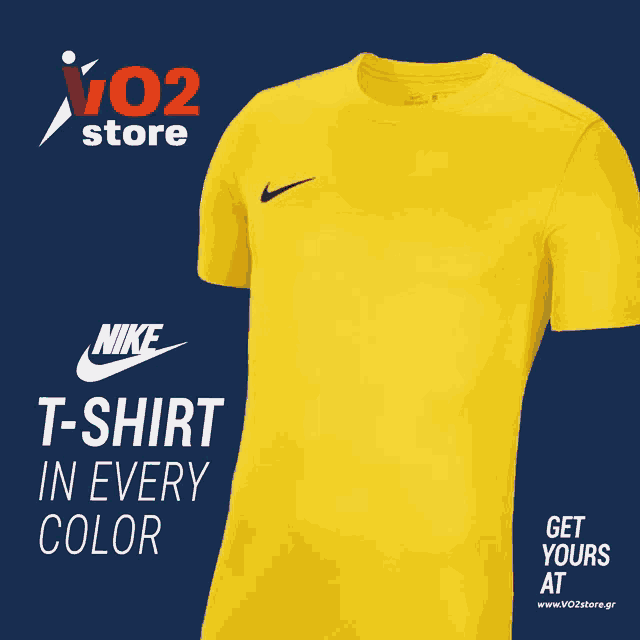 a yellow nike t-shirt is displayed in front of a blue background