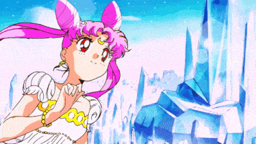 a girl with pink hair and red eyes is standing in front of a mountain of ice