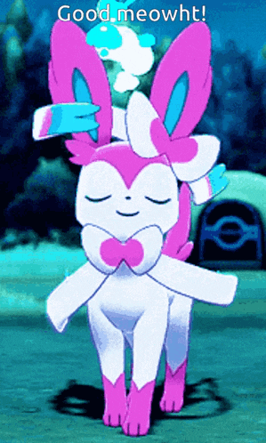 a pink and white cartoon bunny with the words good meowht above it