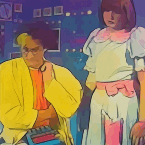a man in a yellow jacket is talking to a girl in a white dress