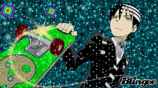 a man in a suit is holding a green skateboard with a skull on it