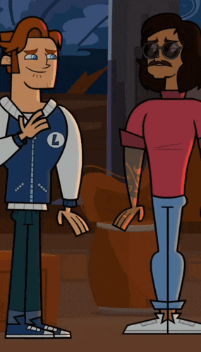 two cartoon characters are standing next to each other and one has a letter l on his jacket