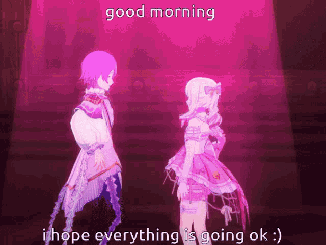 a man and a girl standing next to each other with the words good morning i hope everything is going ok below them