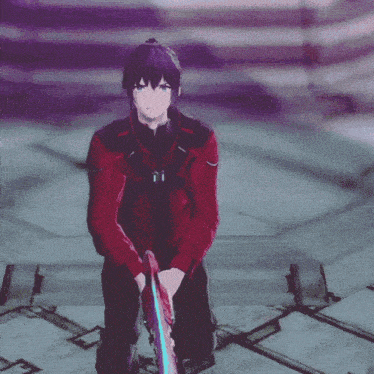 a man in a red jacket holds a sword in his hands