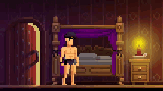 a pixel art illustration of a man standing in front of a bed .