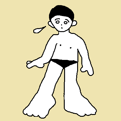 a black and white drawing of a shirtless man with a speech bubble that says hi