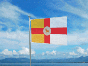 a red white and yellow flag flies in the wind