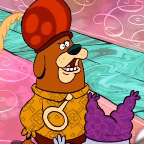 a cartoon dog is wearing a red hat